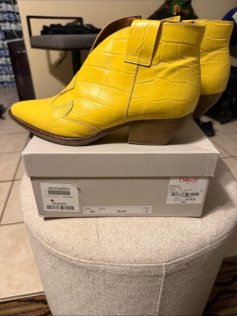 Yellow Italian leather Croc-Embossed Western Ankle Boots